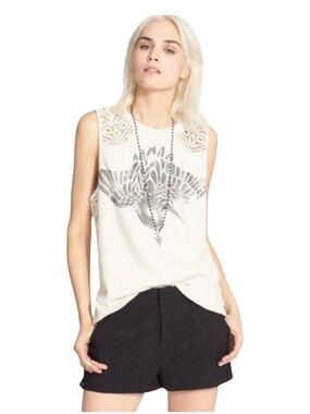 Free People We The Free Bull’s Eye Bird Graphic Crochet Lace Boho Tank XS